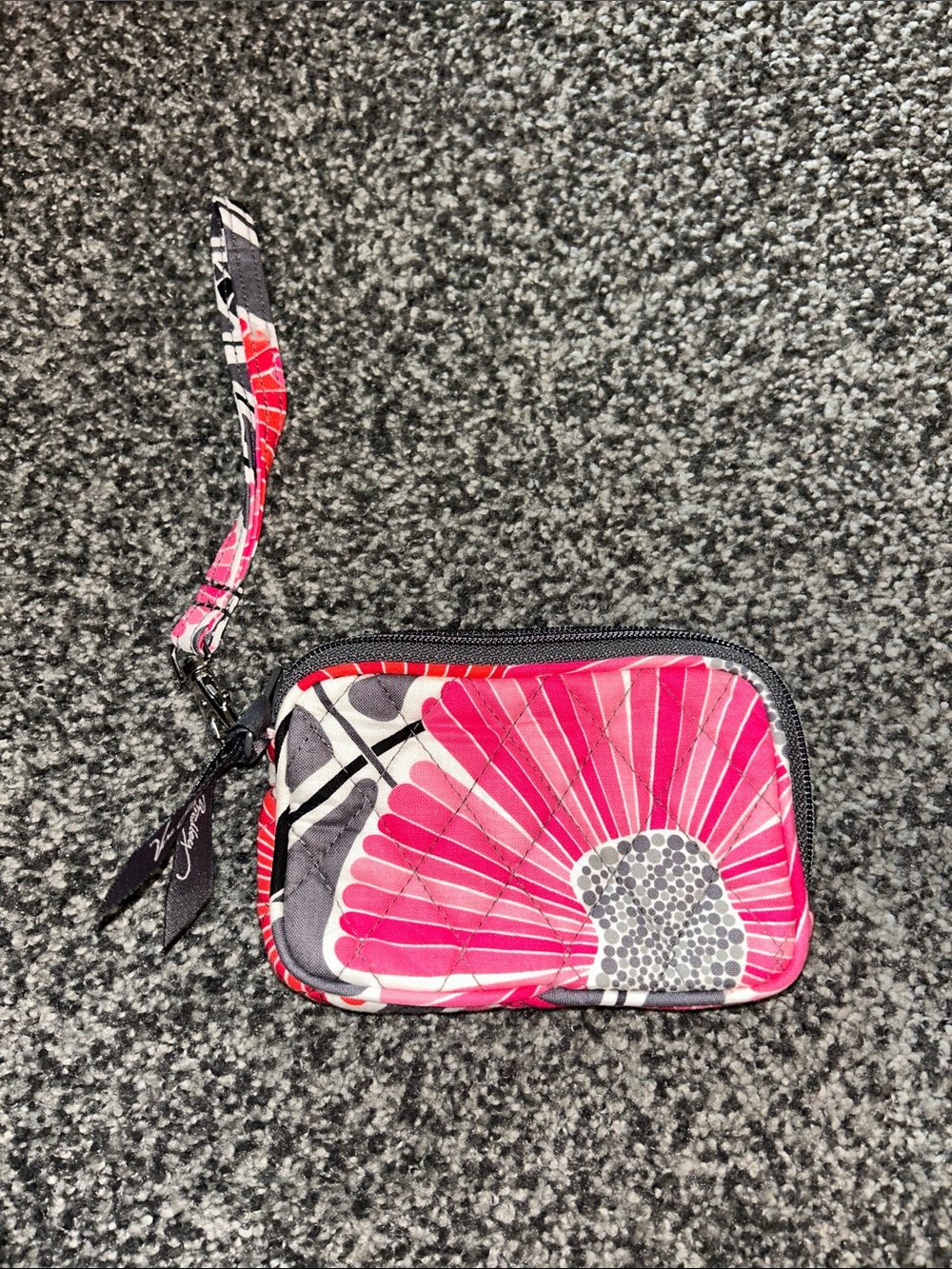 Vera Bradley Pink and Gray Quilted Wristlet Pouch with Floral Accent